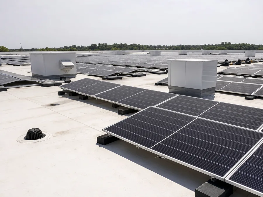 Rows of ballasted solar modules on a flat white membrane roof with drains and mechanical curbs between them