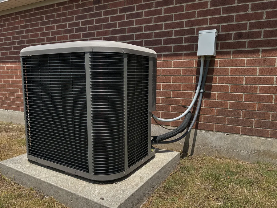 An air conditioning condenser on a concrete pad against hot brick, with its refrigerant lines and disconnect box